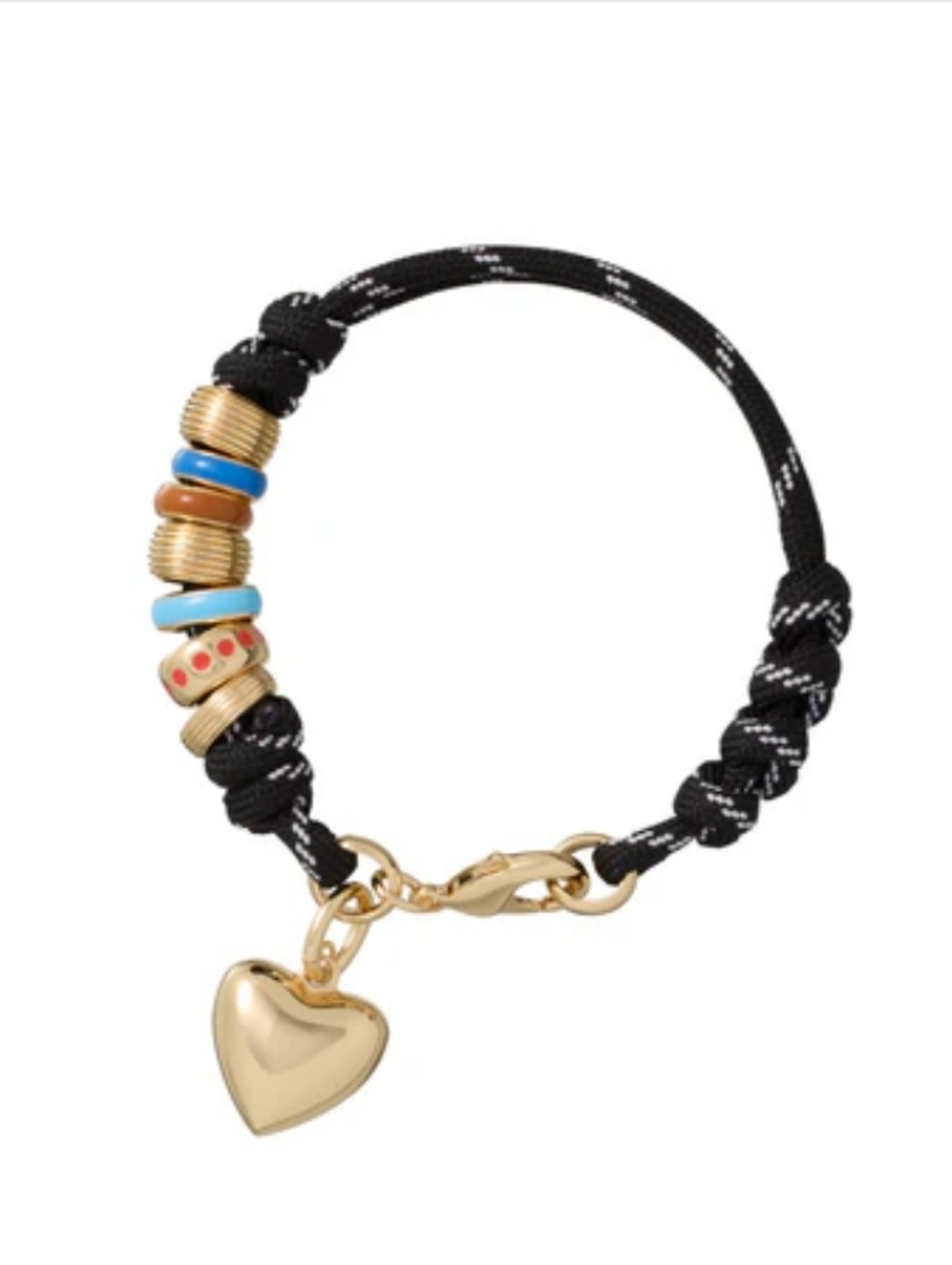 Roxanne Assoulin Black Rope Bracelet with Gold Heart and Blue, Orange, Red Beads
